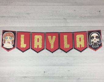 Horror Movie Name Banner - Cute Horror Banner - Choose Your Characters & Colors - Horror Birthday Banner - Horror Movie Party - 80's Horror
