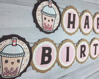 Bubble Tea Birthday Banner - Name Banner - Bubble Tea Birthday - Boba Tea Party - Kawaii Bubble Tea - Choose Colors - Bubble Tea Baby Shower