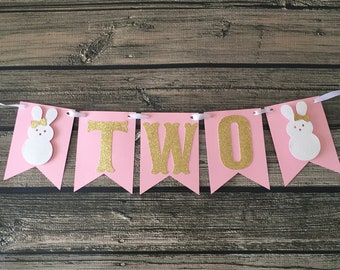 Girl Bunny Highchair Banner - Some Bunny is One - Bunny Birthday - Spring Highchair Banner - Pink/Gold/White - 2nd Birthday - Bunny Banner