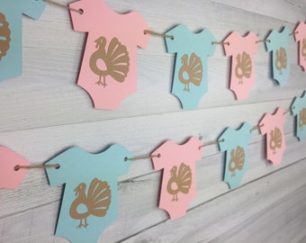 Turkey Gender Reveal Garland - Thanksgiving Baby Shower - Little Turkey Banner -Baby Onesie Banner-Gender Reveal Baby Shower -Turkey Shower