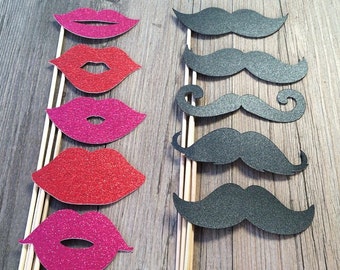 10-piece GLITTER Mustache & Lips Photo Booth Props - Valentine's Day - Wedding Photo Props - Favors - Birthday's - Bachelorette Parties