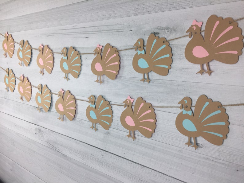 Turkey Gender Reveal Garland - Thanksgiving Baby Shower - Little Turkey Banner -Boy Or Girl Banner -Gender Reveal Baby Shower -Turkey Shower image 5