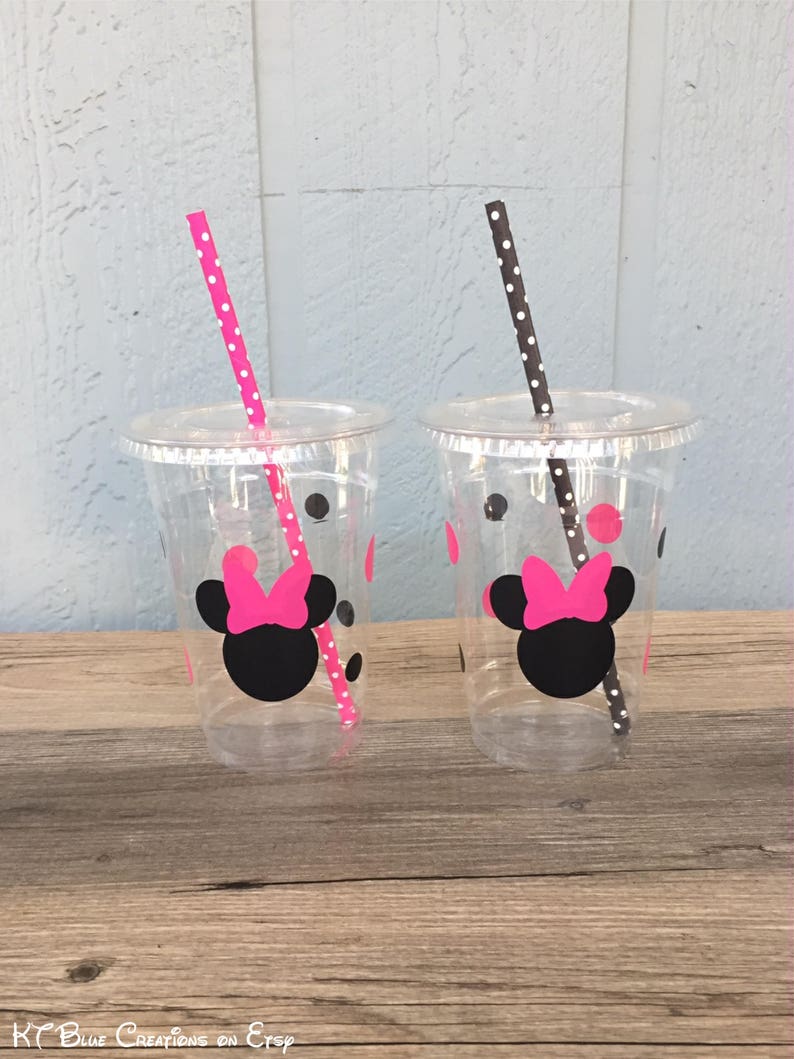 Minnie Mouse Party Cups Hot Pink & Black Disposable Plastic Cups w/LidsStraws 16oz. Minnie Birthday Choose ColorsQuantity, 24-50 image 1