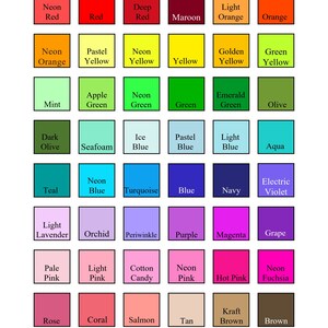 May include: A chart of solid matte cardstock colors available in a variety of shades, including red, orange, yellow, green, blue, purple, pink, brown, gray, and black. The chart is labeled "KT Blue Creations Solid Matte Cardstock Colors Available!" and includes the names of each color.