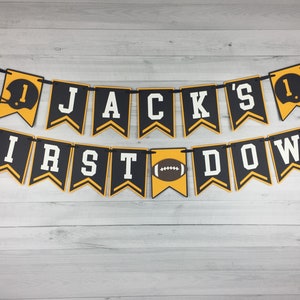 Football Birthday Banner - NAME First Down Banner - Football Birthday - Football 1st Birthday - Football Party Decor - Choose Own Colors