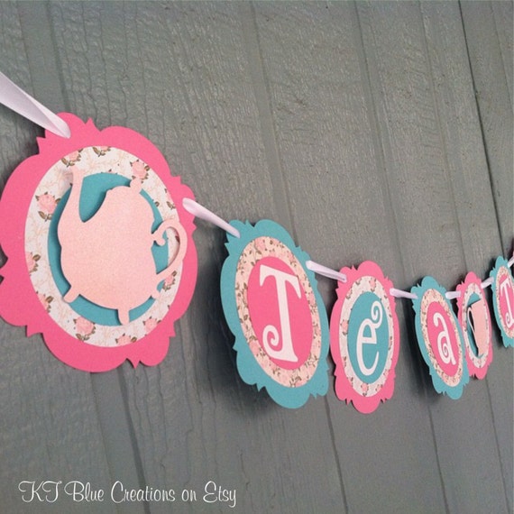 Tea Party Banner - TEA TIME - Pink, Blue, Floral - shabby chic - Birthdays, Garden Parties, Tea Parties, Photo Prop Il_570xn