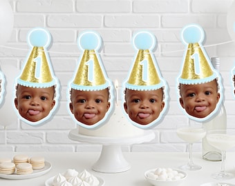 Custom Photo Face Banner - Baby Face Birthday Banner - Blue/Gold Glitter Party Decor - Baby Boy 1st Birthday Garland - 8ft.