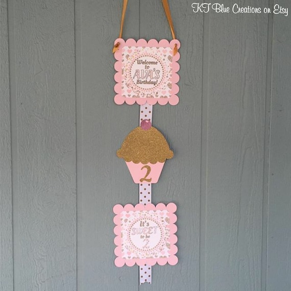 Cupcake Birthday Welcome Sign - Cupcake Birthday - Birthday Door Sign - Welcome Sign - Cupcake Party Decorations - 1st Birthday - Pink/Gold Il_570xn