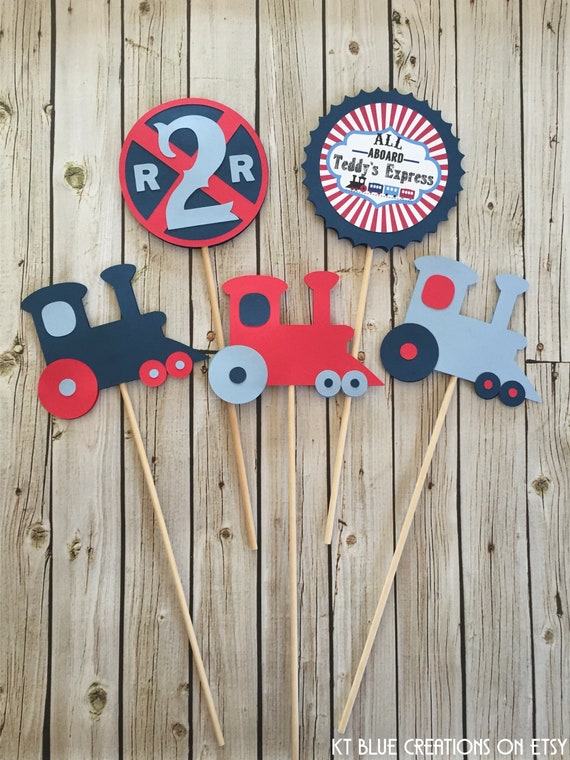 Train Birthday Centerpieces - DOUBLE-SIDED - Vintage Train Party - Navy/Light Blue/Red - Train Birthday, Railroad Party - Tabletop Decor Il_570xn