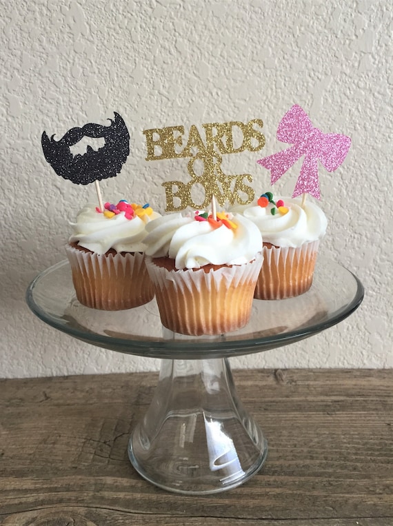 Beards or Bows Cupcake Toppers - Pink/Black/Gold - Gender Reveal Baby Shower - Gender Reveal Cupcake Toppers - Beards or Bows Shower - 12-pc Il_570xn