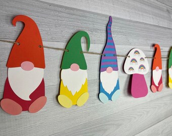 Rainbow Gnome Garland - Rainbow Gnomes - Garden Gnomes - Cute Gnome Garland - Gnome Banner - Gnomes & Mushrooms - Gnome Birthday Banner