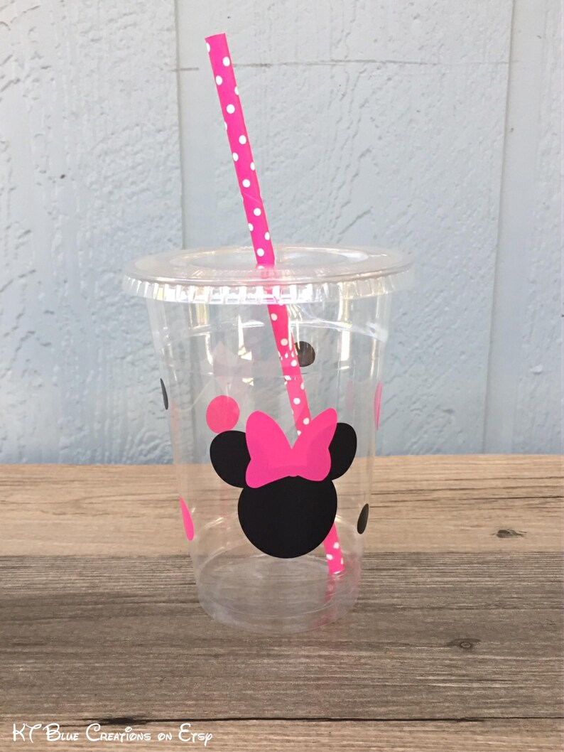 Minnie Mouse Party Cups Hot Pink & Black Disposable Plastic Cups w/LidsStraws 16oz. Minnie Birthday Choose ColorsQuantity, 24-50 image 4