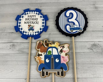 Blue Truck Centerpieces - Farm Truck Birthday - Farm Party - Blue Truck Birthday - Double-Sided Truck Centerpieces - Personalized, set of 3