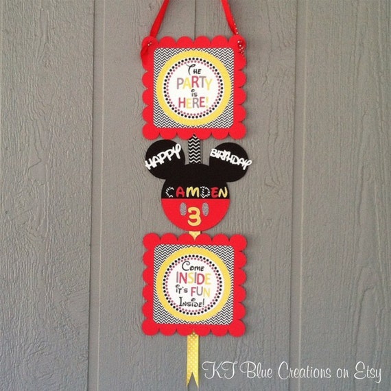 Mickey Mouse Welcome Sign - Personalized - Birthday, Baby Shower - Chevron & Polka Dots - Black, Red, Yellow, White Il_570xn
