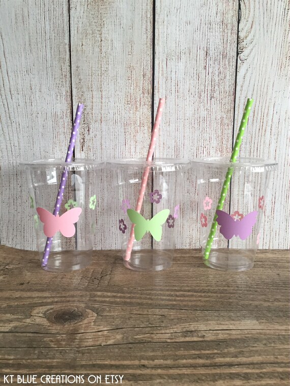 Butterfly Party Cups - Garden Party, Spring Birthday - Disposable Plastic Cups w/Lids+Straws - 16oz.- Butterfly Party - Choose Quantity Il_570xn