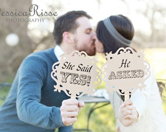 Engagement Photo Props - He Asked, She Said Yes - Engagement Picture Props - Photo Booth Props - Wedding - Engagement Party Props. set of 2