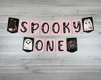 Spooky One Birthday Banner - Girly Halloween Banner - Floral Ghost, Cat, Spider - Floral Spooky One Birthday - Two Spooky - Halloween B-day