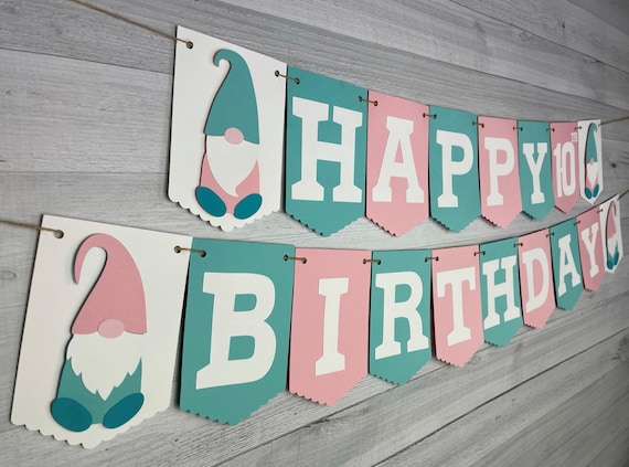 Gnome Birthday Banner - Cute Gnomes - Gnome Birthday Party - Garden Gnome Banner - CHOOSE COLORS - Gnome 1st Birthday - Gnome Name Banner Il_570xn