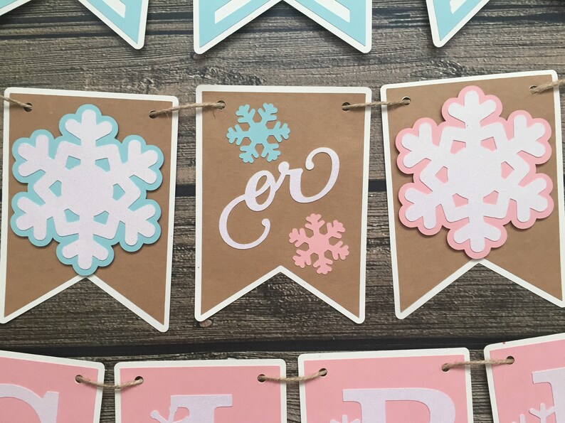 May include: A banner with brown pennants, white borders, and snowflake cutouts in light blue, white, and pink. The word "or" is displayed on one pennant. The banner is strung with twine.