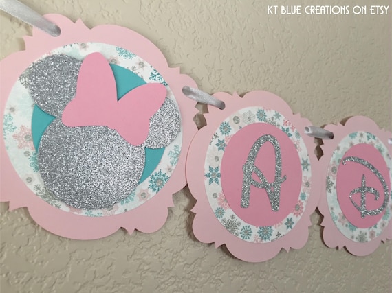 NAME Banner - Minnie Mouse Banner - Minnie Winter Wonderland Birthday - Snowflake Banner - Birthday Decor - Baby Shower - Silver/Pink/Aqua Il_570xn