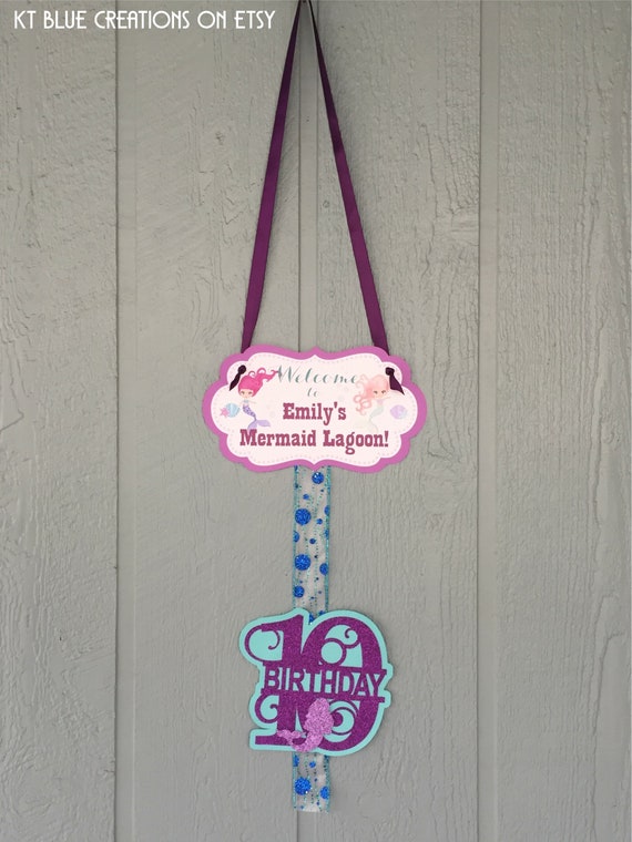 MERMAID Welcome Sign - Personalized with Name & Age - Glitter Purple/Light Pink/Aqua - Mermaid Birthday, Under the Sea Party - Door Sign Il_570xn