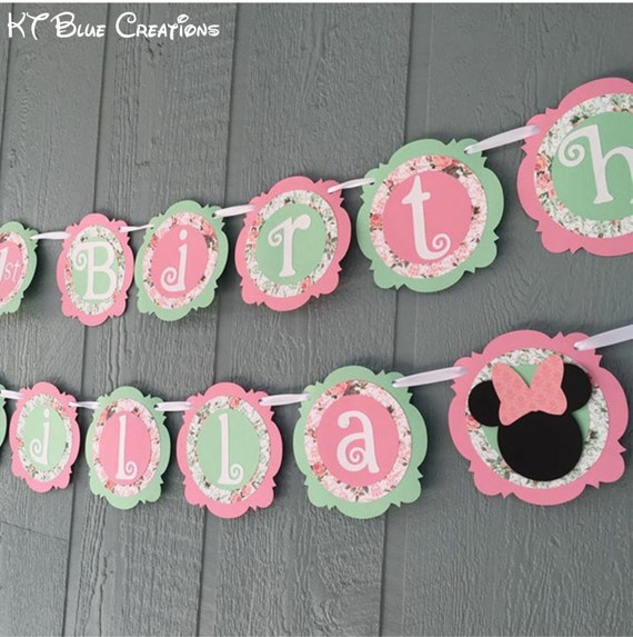 Shabby Chic MINNIE Mouse Birthday Banner - Personalized with Name & Age - Shabby Chic Floral - Mint, Light Pink, White - Minnie's Bowtique Il_570xn