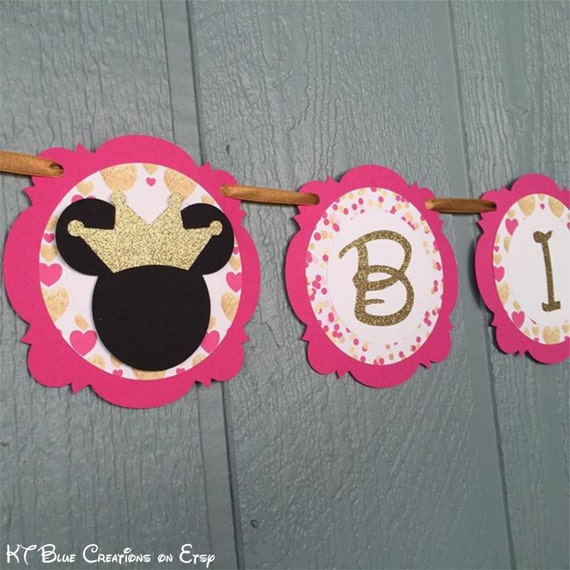 Gold GLITTER & Hot Pink MINNIE Mouse Banner - Choose Minnie Bow or Minnie Crown - Option to add name - Birthday, shower - Glitter Banner Il_570xn