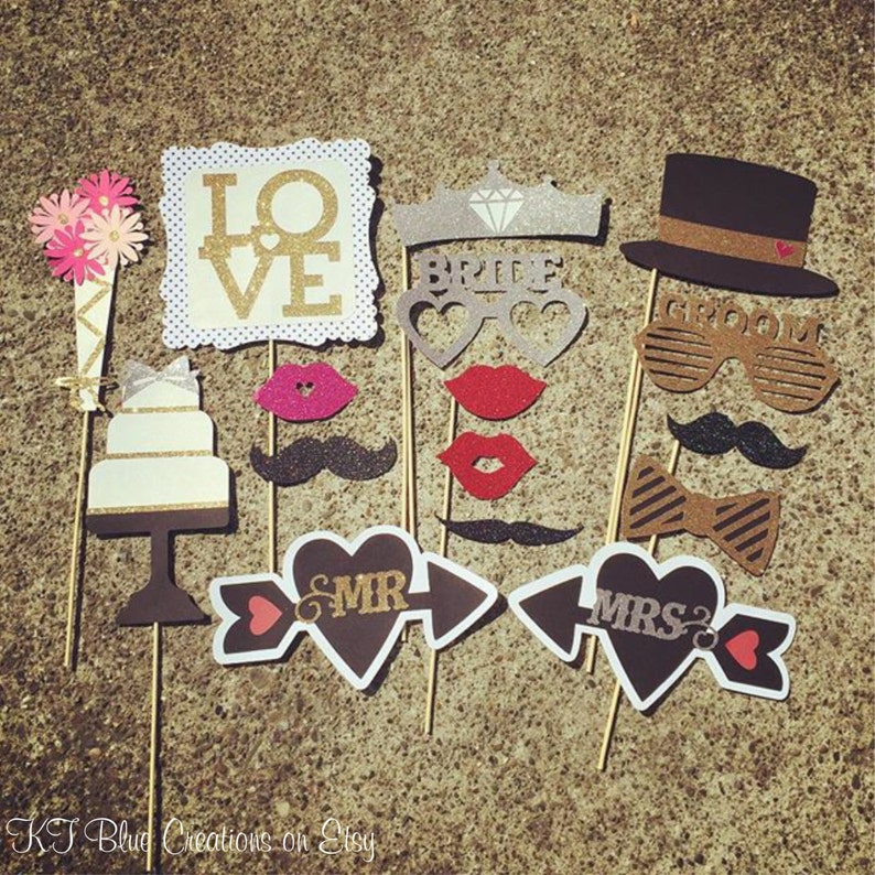 Wedding GLITTER Photo Props set of 16 Mr. and Mrs. Bride & Groom Props Photo Booth Props, Wedding, Bridal, Bachelorette, Party Props image 1