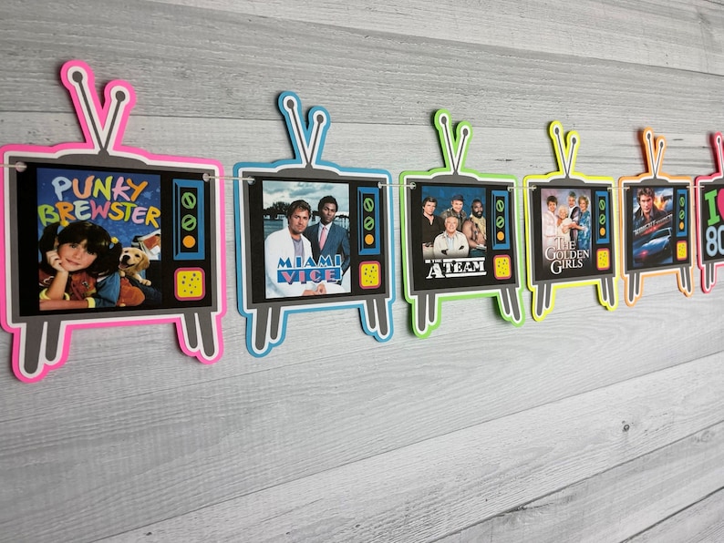 May include: A colorful banner with six retro television images. Each television has a different show from the 1980s, including Punky Brewster, Miami Vice, The A-Team, The Golden Girls, and I Love the 80s.