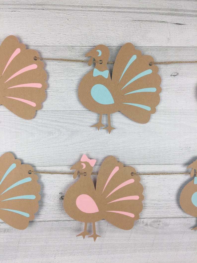 Turkey Gender Reveal Garland Thanksgiving Baby Shower Little Turkey Banner Boy Or Girl Banner Gender Reveal Baby Shower Turkey Shower image 4