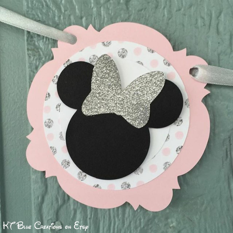 Minnie Mouse banner One or Two banner 1st or 2nd birthday Shabby Chic Silver GLITTER /& Pale Pink Minnie Mouse Highchair Banner