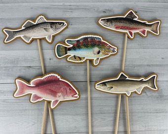 FISH Centerpieces - Vintage Fish - DOUBLE-SIDED - The Big One - Fishing Birthday - Birthday Centerpieces - Realistic Fishing Party Decor