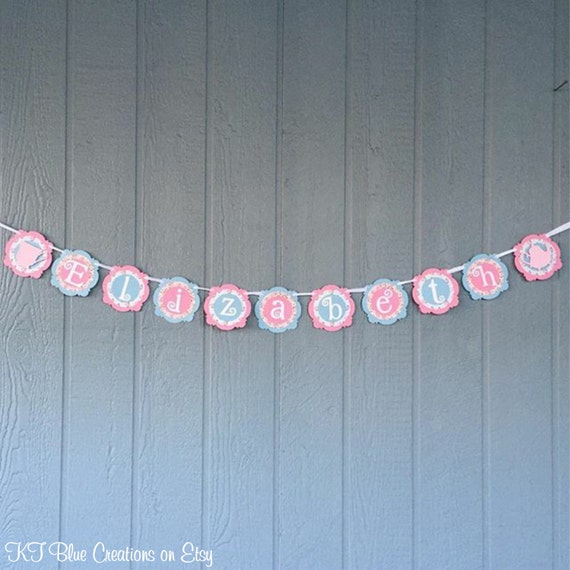 Shabby Chic NAME Banner - Tea Party - Light Pink, Pink, Light Blue, Floral - Birthdays, Garden Parties, Tea Parties, Photo Prop Il_570xn