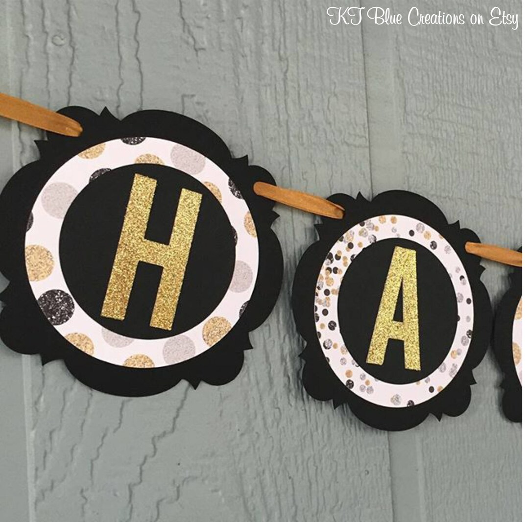 HAPPY BIRTHDAY Banner - Black & Gold/silver Glitter - Elegant Birthday