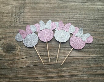 MINNIE MOUSE Glitter Cupcake Toppers - Light Pink & Silver Glitter - Food Picks/Cupcake Picks - Birthday - Shower - Wedding - Set of 12