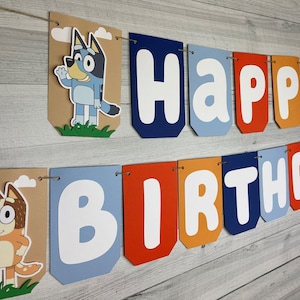 Blue Dog Birthday Banner - Blue Heeler Dog - Puppy Dog Birthday - Cute Cartoon Dog - Birthday Banner - Custom Banner - Blues, Oranges, Tans