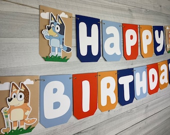 Blue Dog Birthday Banner - Blue Heeler Dog - Puppy Dog Birthday - Cute Cartoon Dog - Birthday Banner - Custom Banner - Blues, Oranges, Tans