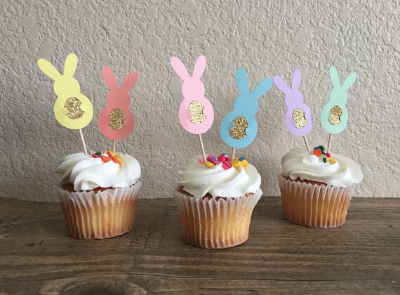 Set of 12 - Bunny with Glitter Egg Cupcake Toppers - Colorful Bunny Cupcake Toppers - Easter Bunny Decor - Cupcake Picks - Donut Toppers Il_570xn