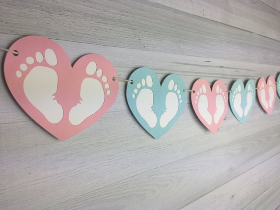 Baby Feet Heart Garland - Gender Reveal Banner - Gender Reveal Baby Shower - Boy or Girl - He or She - Gender Reveal Garland - Pink or Blue Il_570xn