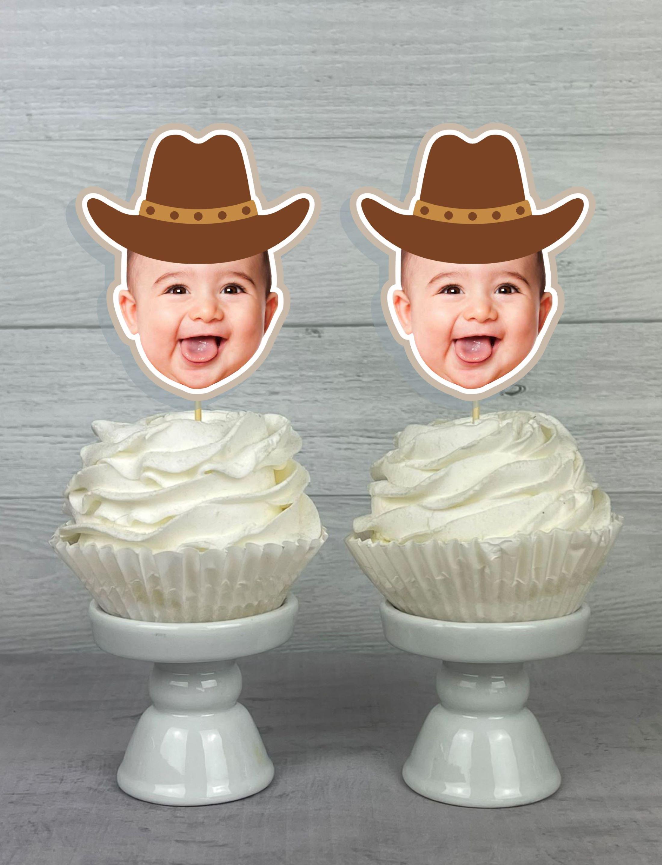 Cowboy Cupcake Toppers - Photo Face Cowboy Toppers - Western Birthday Party - My First Rodeo - Little Cowboy Photo Picks - Rodeo Food Picks