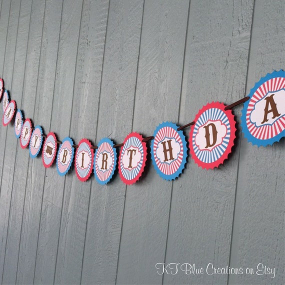 Happy Birthday TRAIN Banner - Birthday - Option to Personalize - Vintage style - shades of red, turquoise & brown Il_570xn