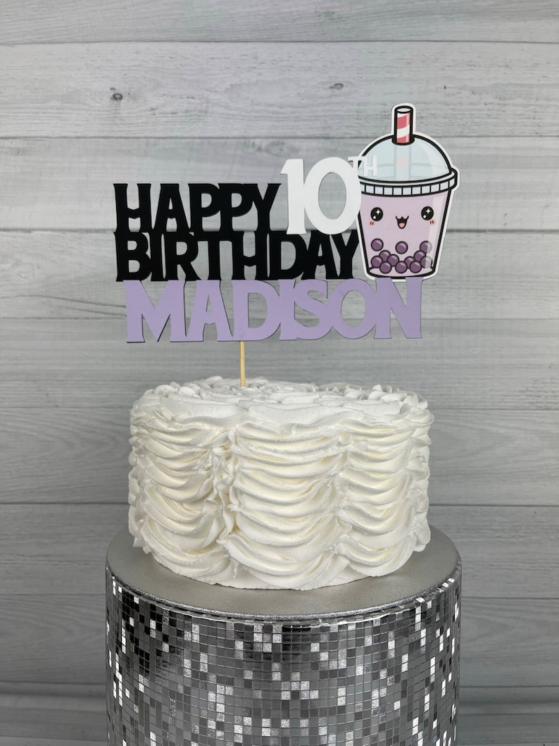 Bubble Tea Birthday Cake Topper with Name & Age Boba Tea Birthday Bubble Tea Cake Topper Birthday Cake Topper Kawaii Bubble Tea Decor image 4