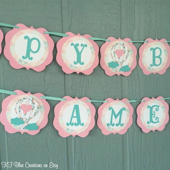 Hot Air Balloon Birthday Banner - Personalized - Shabby Chic Floral/Vintage theme - Up Up & Away theme - Light Pink, Aqua, White Il_570xn