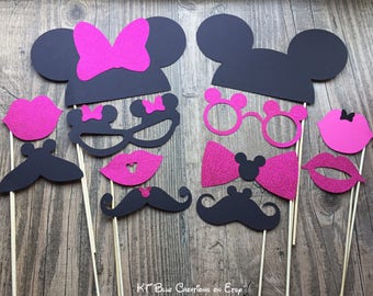 Minnie & Mickey GLITTER Photo Props - Hot Pink and Black - set of 15 - Birthday Props, Photo Booth Props, Party Props, Disney Wedding