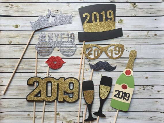 Glitter New Years Eve Photo Props - Set of 10 - NYE Props 2019 - Photo Props - Photobooth Props - NYE party - New Years Eve Props 2019 Il_570xn