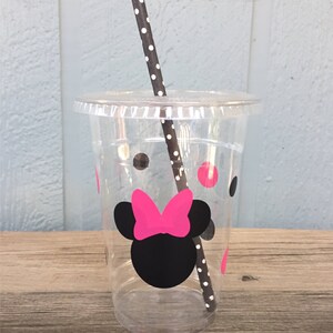 Minnie Mouse Party Cups Hot Pink & Black Disposable Plastic Cups w/LidsStraws 16oz. Minnie Birthday Choose ColorsQuantity, 24-50 image 2