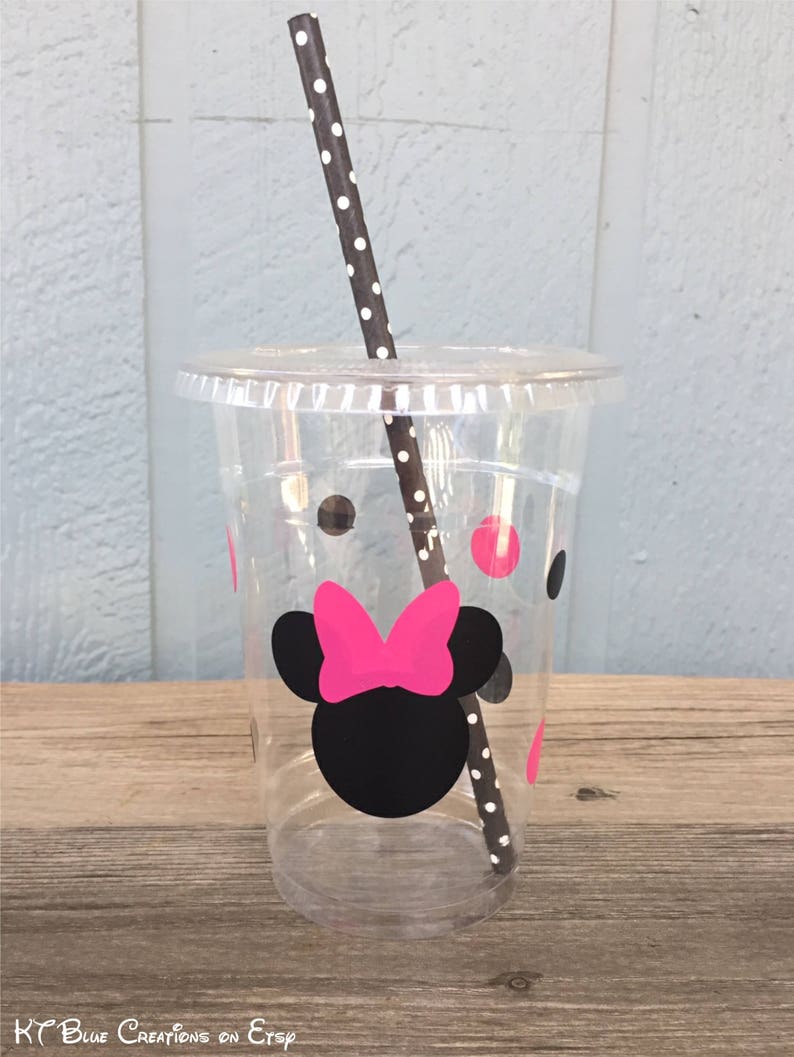 Minnie Mouse Party Cups Hot Pink & Black Disposable Plastic Cups w/LidsStraws 16oz. Minnie Birthday Choose ColorsQuantity, 24-50 image 2