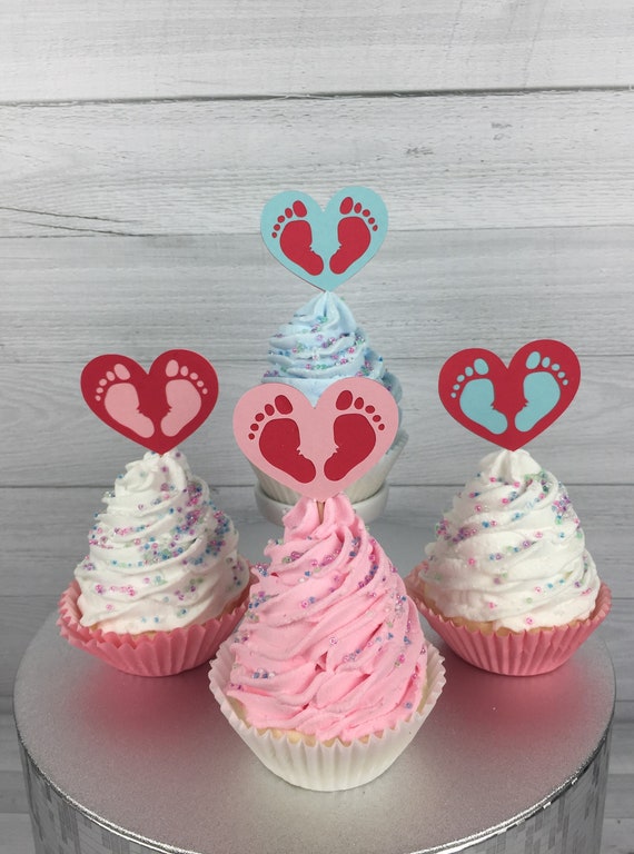 Gender Reveal Cupcake Toppers - Baby Shower Cupcake Toppers - Valentine Gender Reveal - Baby Feet Toppers - Baby Shower Decor - Any Colors Il_570xn