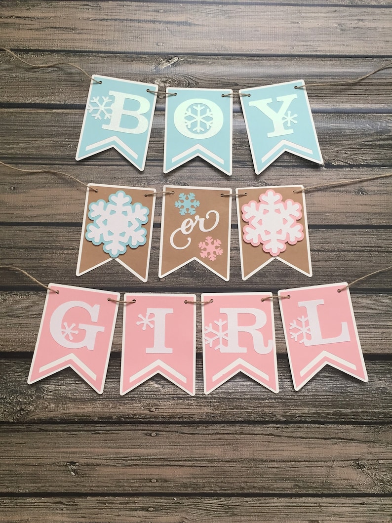 May include: A banner with the words "BOY or GIRL" in white capital letters on blue, brown, and pink pennants. Each pennant has a snowflake design. The banner is strung on twine and is set against a wooden background.