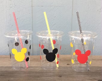 Mickey Mouse Party Cups - Red, Yellow & Black - Disposable Plastic Cups w/Lids and Straws - 16oz. - Mickey Birthday - Choose Quantity, 10-20